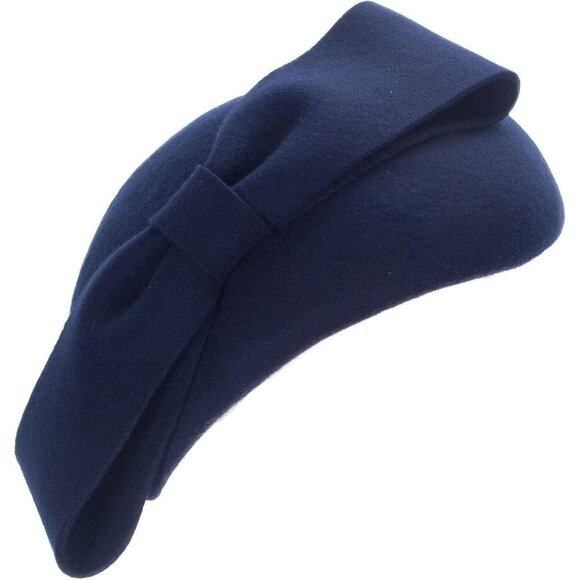 Women Teardrop Wool Felt Fascinator Hat 1940s Bow Tam Beret Cloche Navy